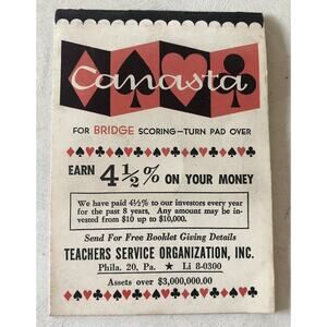 Vintage Canasta Bridge Card Scorepad Teachers Service Organization Philadelphia